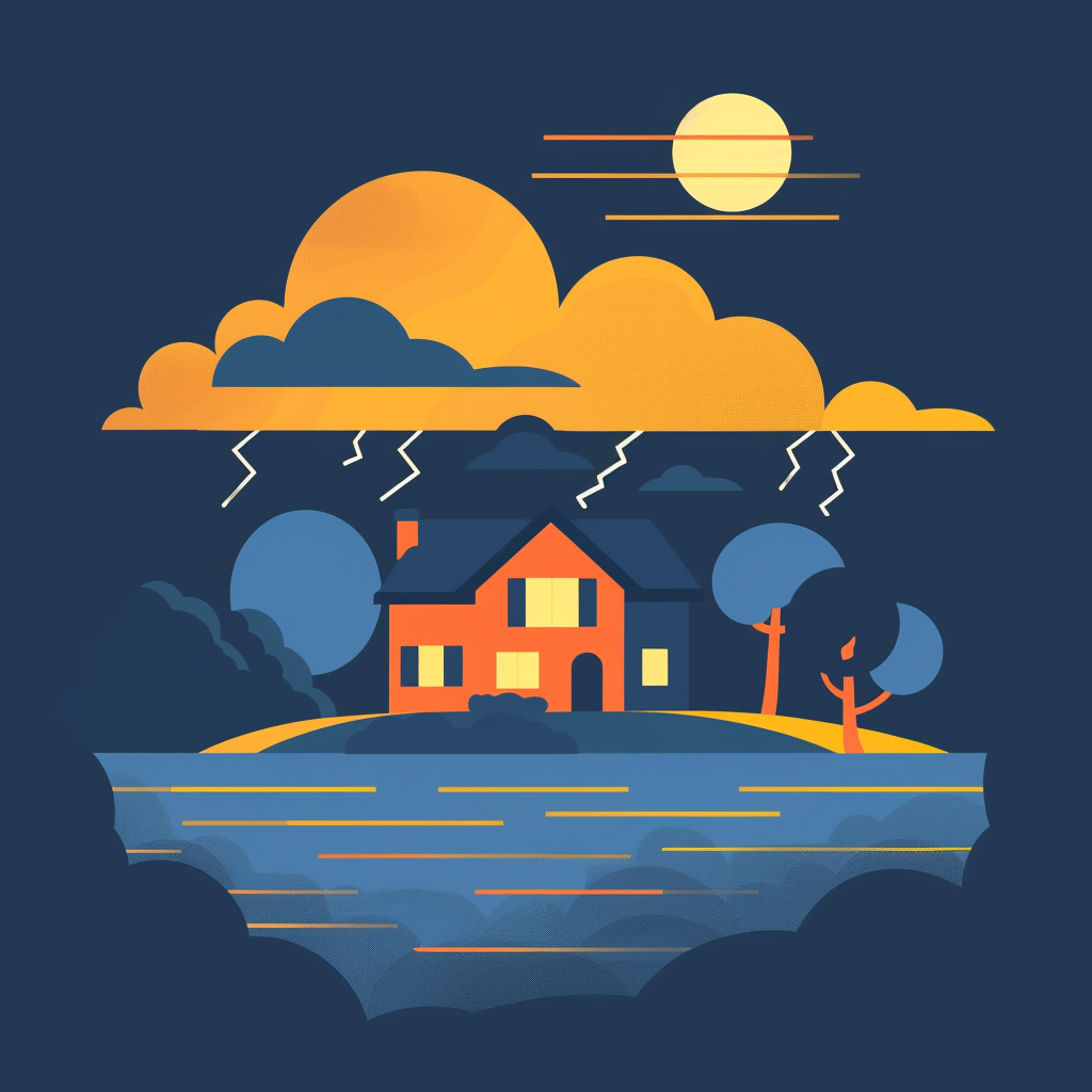 minimalist depiction of a house in a thunderstorm