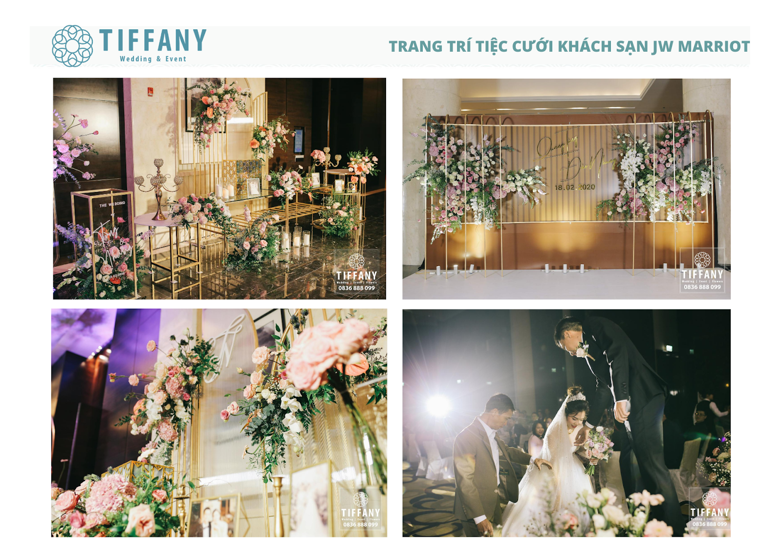 Mẫu trang trí tiệc cưới hoa tươi tone hồng đất nhẹ nhàng, tinh tế do Tiffany thực hiện