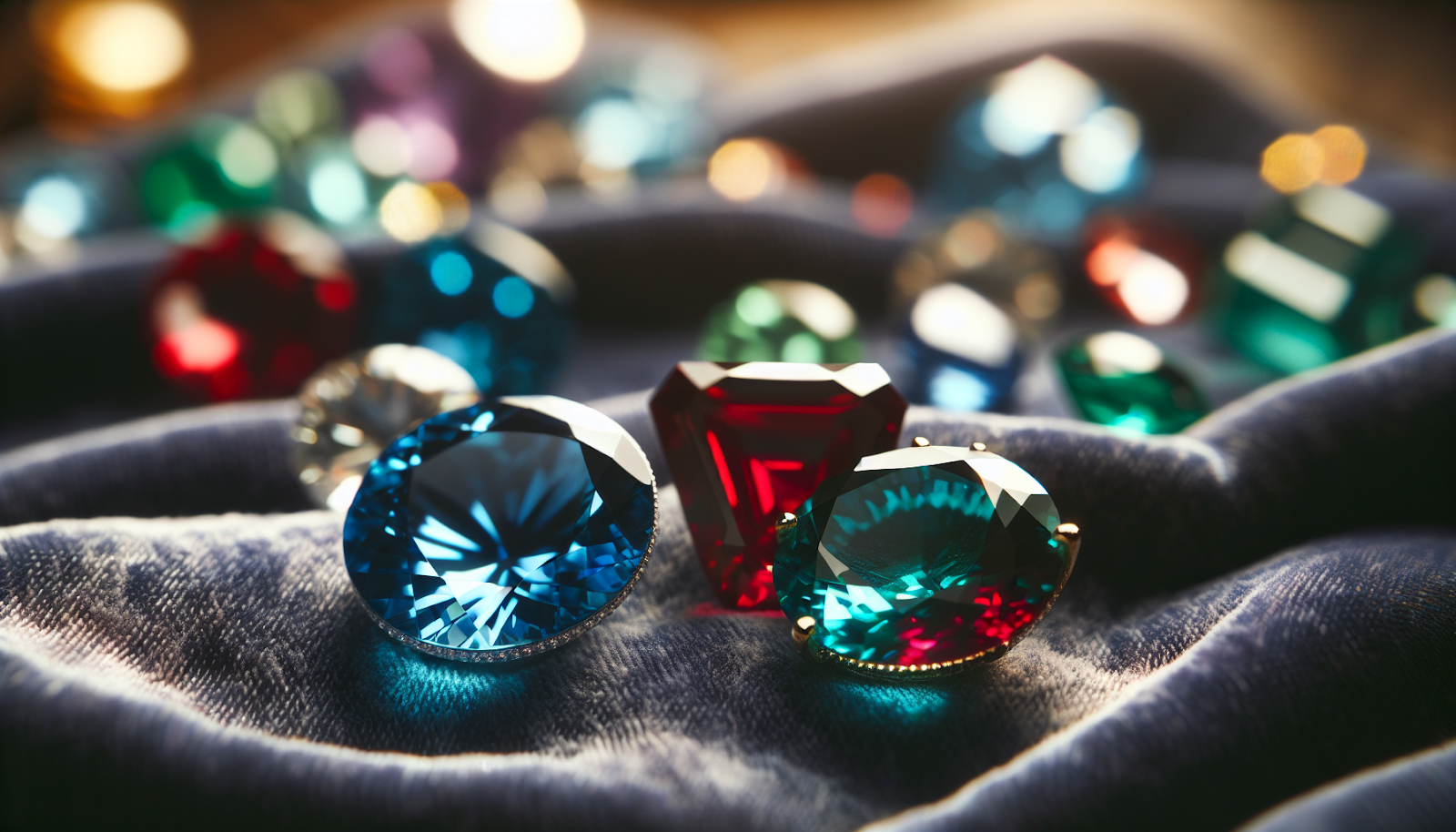 Various gemstones including sapphire, emerald, and ruby