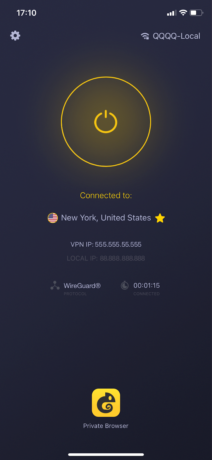 Aplicación CyberGhost VPN iOS mostrando las pantallas de inicio 'desconectado' y 'conectado'.