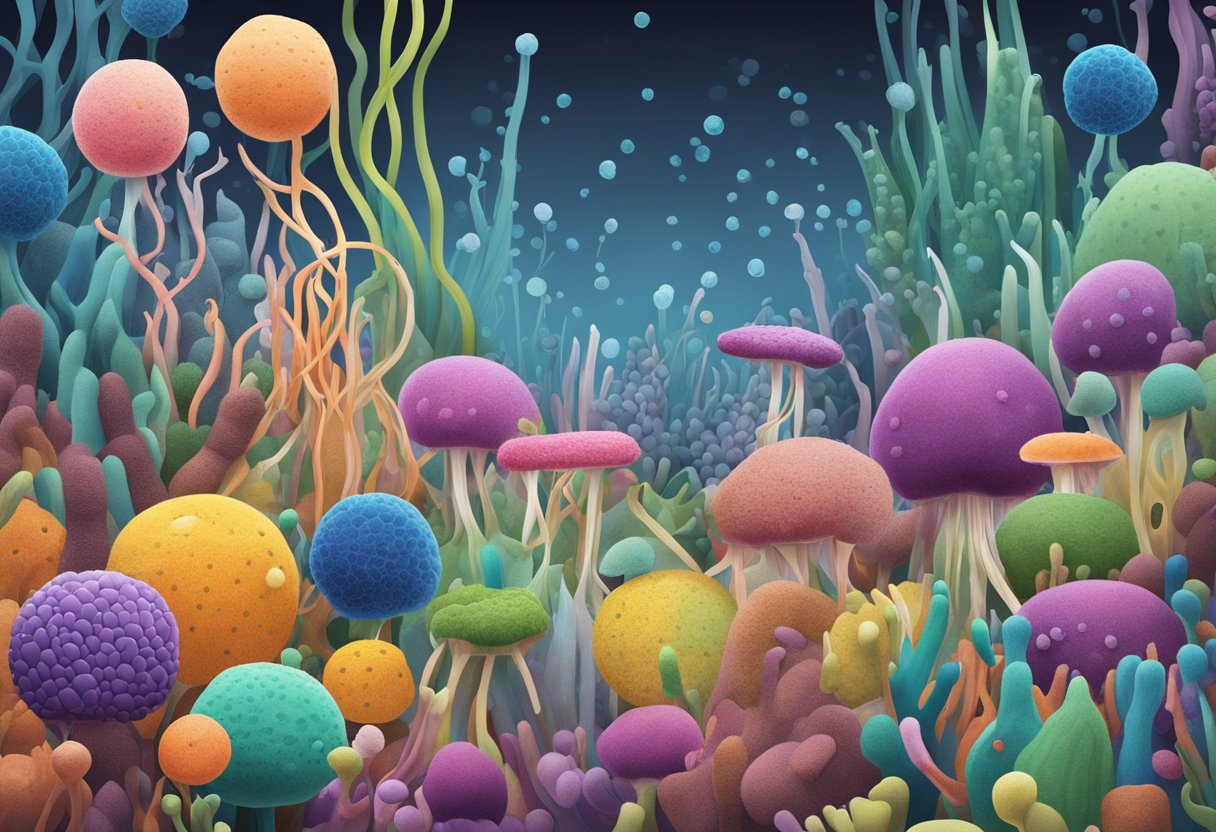 A disrupted intestinal microbiota under research. Imbalance shown in a diverse array of microbial organisms in a colorful and dynamic ecosystem