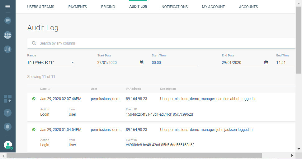 Infobip call centre solution audit log dashboard