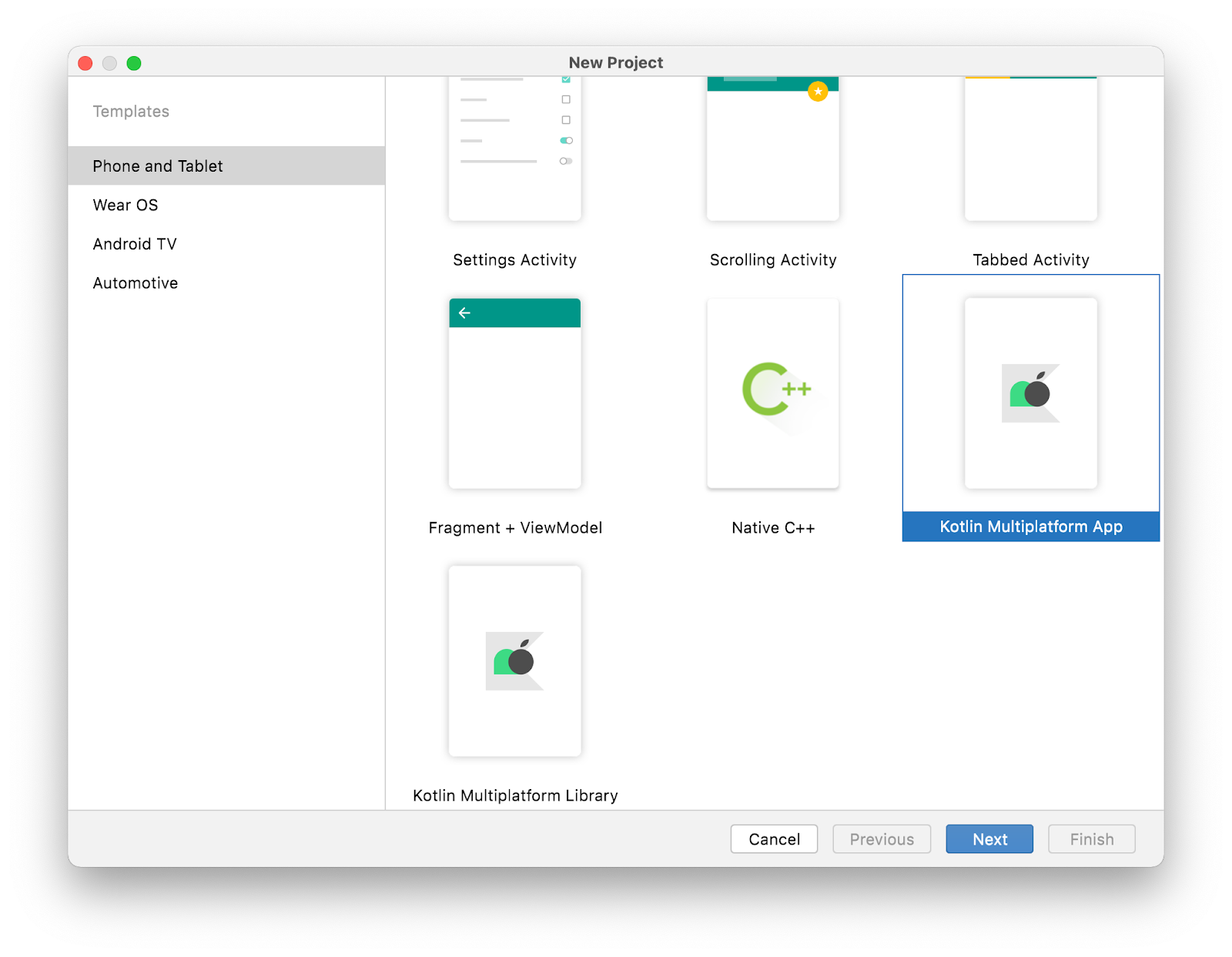 Capture d'écran de la fenêtre de création de projet sur Android Studio