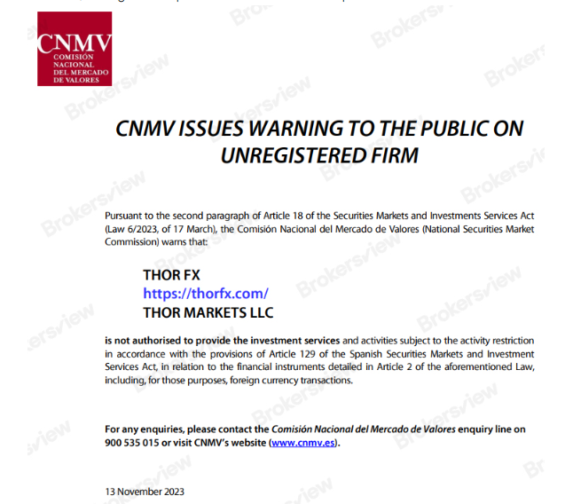 cnmv warning about thorfx
