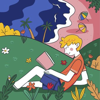 Illustration of Summer And a Boy Reading in the Garden