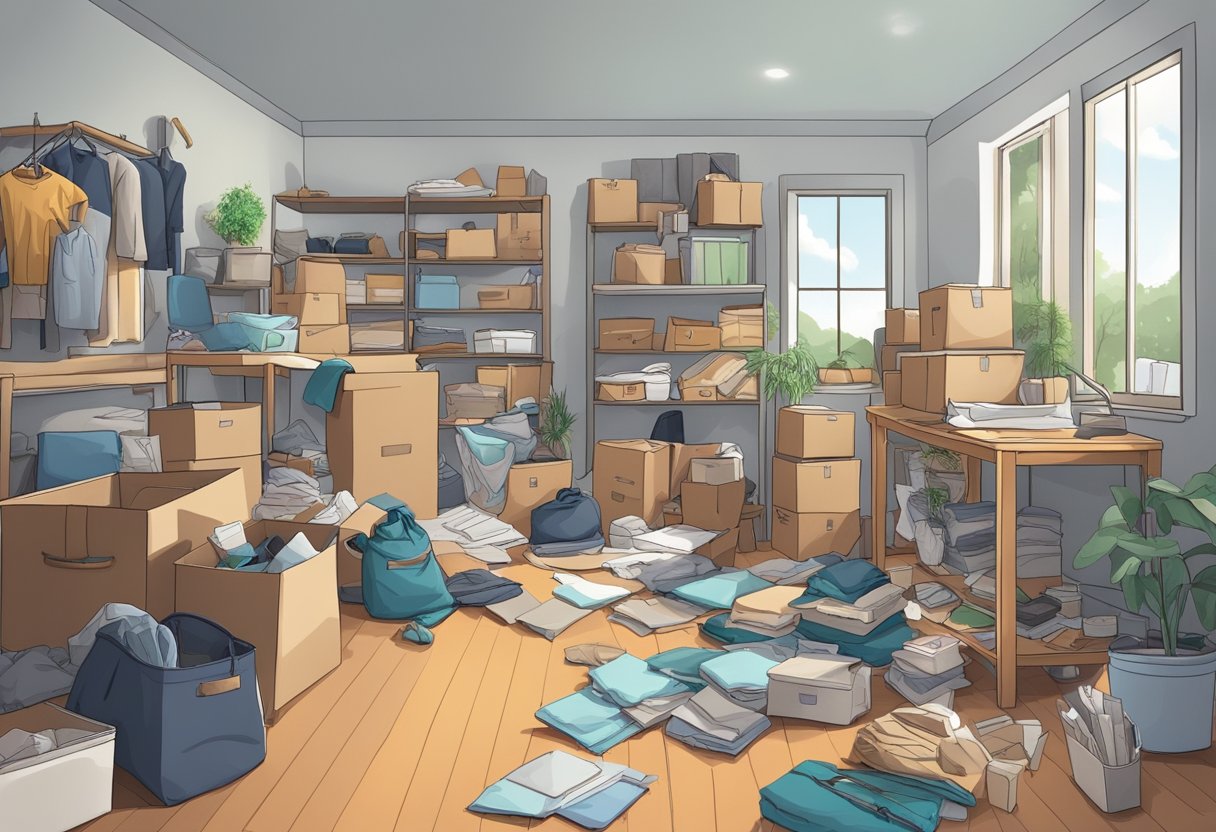 A cluttered room with items being sorted into piles, bags, and boxes. A clean, organized space begins to emerge as the decluttering process takes place