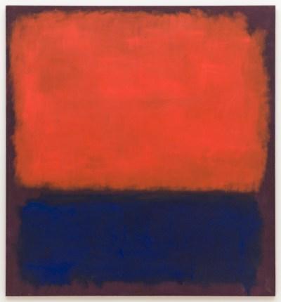 An abstract painting composed of a large rectangle of orange over a smaller rectangle of blue. They are set against a maroon background, and the edges of both forms are hazy.