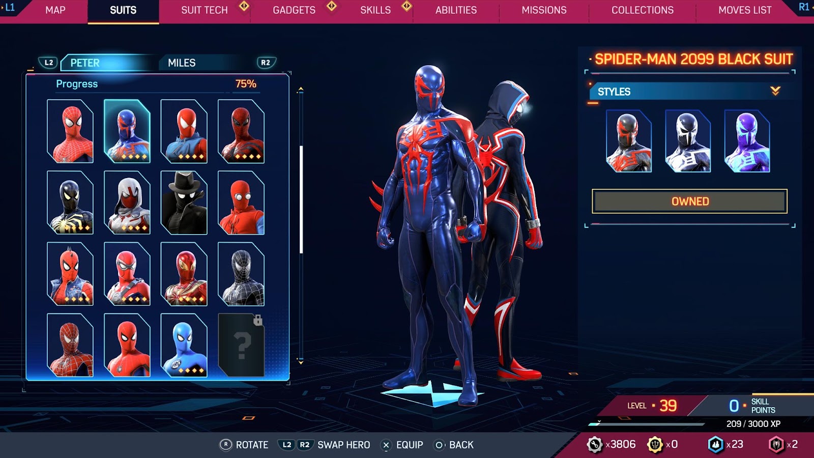 An in game image of Peter Parker in the Spider-Man 2099 Black Suit in the suit menu from Marvel's Spider-Man 2.