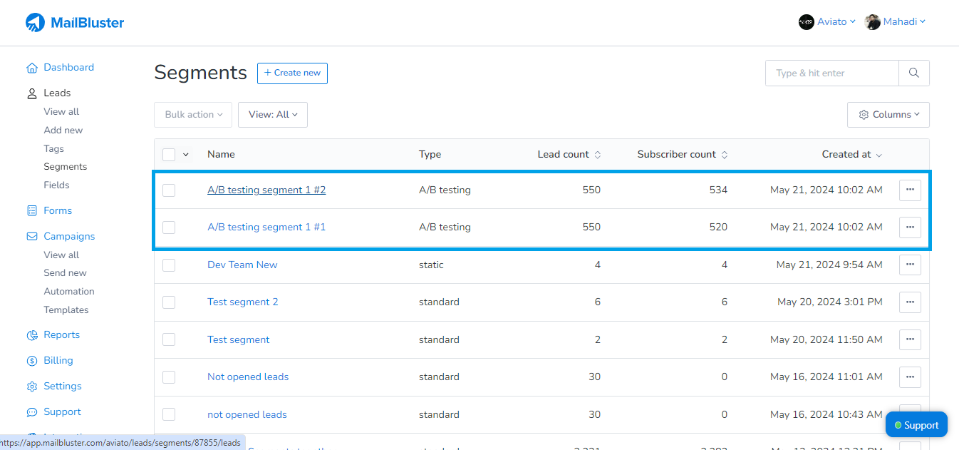 A/B testing segment is created on MailBluster