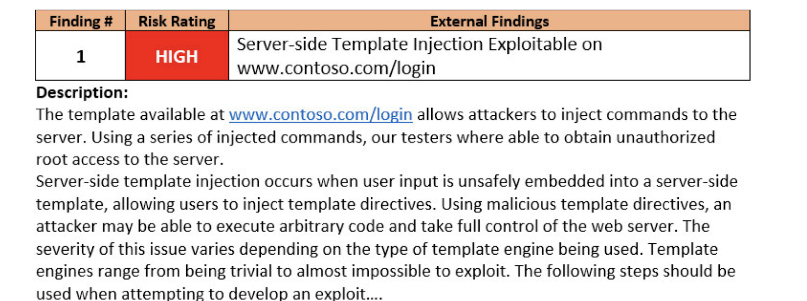 Finding summary table in a penetration test report