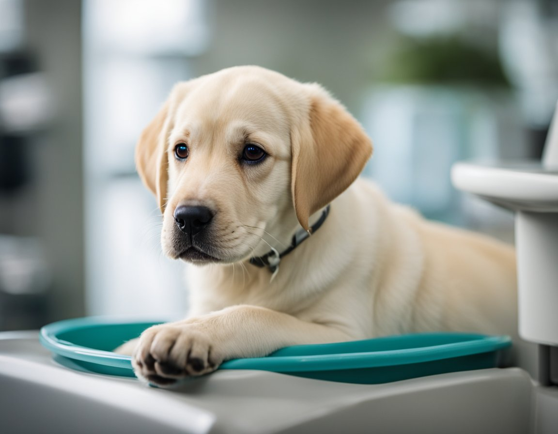a puppy labrador retriever at a weighing scale