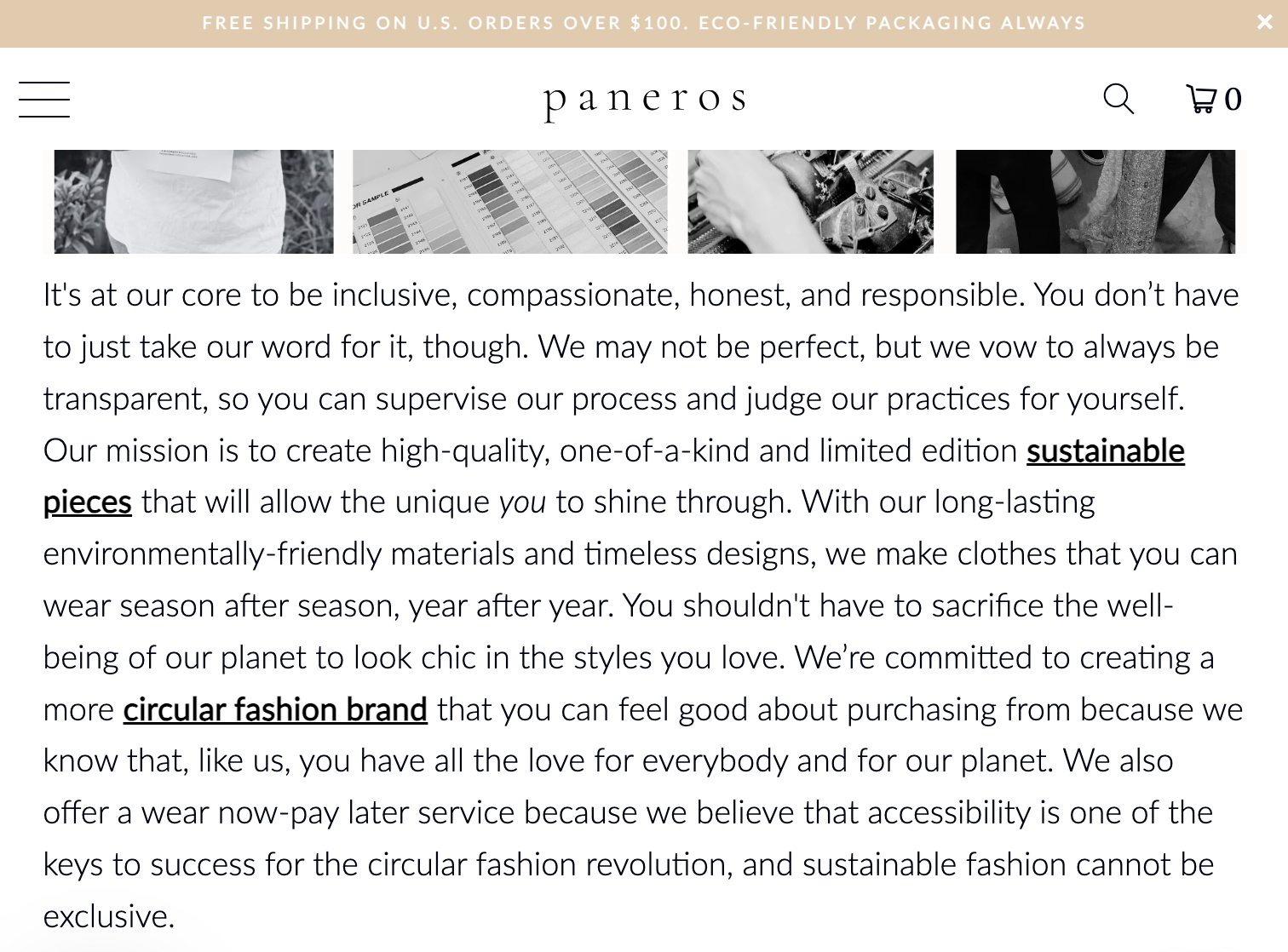 sustainable fashion brand paneros's brand story screenshot example