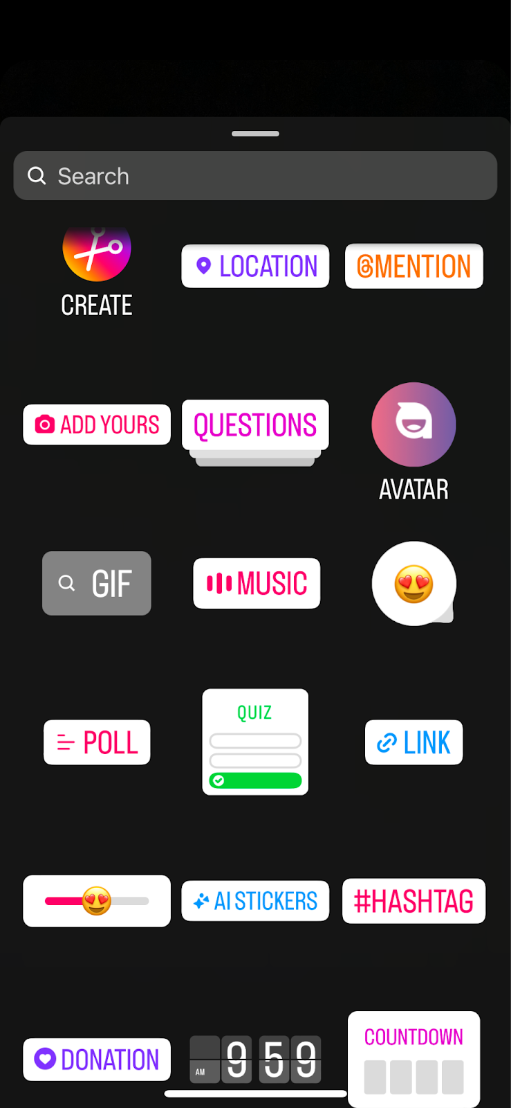 screenshot showing story feature options