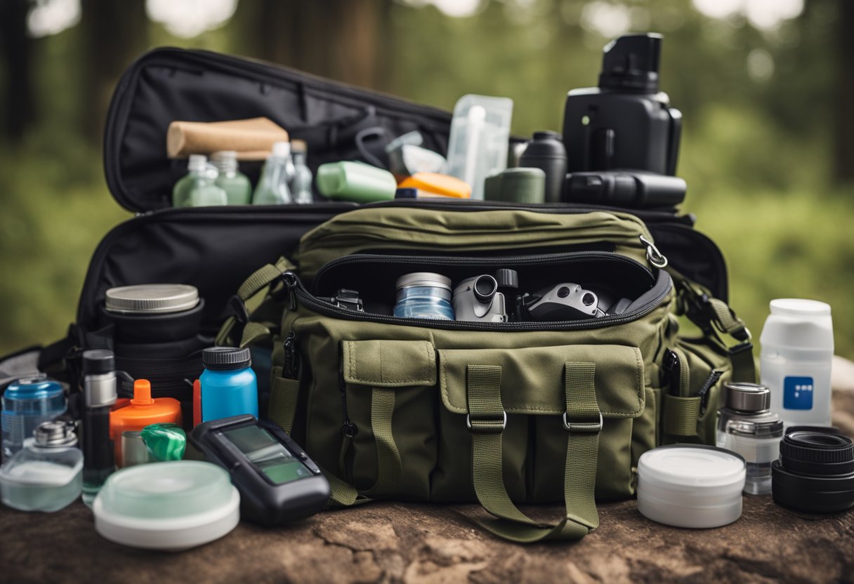 A bug out bag sits open, revealing items for personal protection and first aid