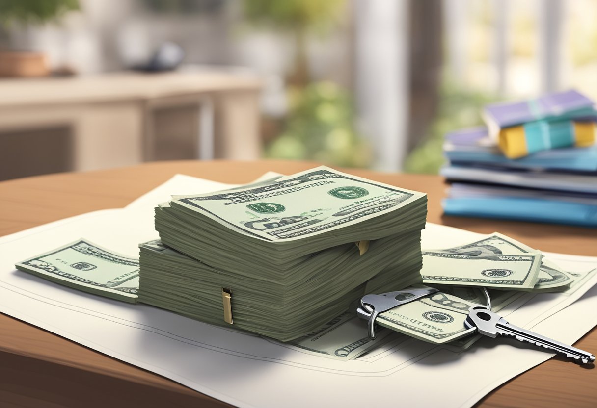 A stack of cash sits on a table next to a house key and a "For Sale" sign, symbolizing the benefits of considering a cash offer for a home