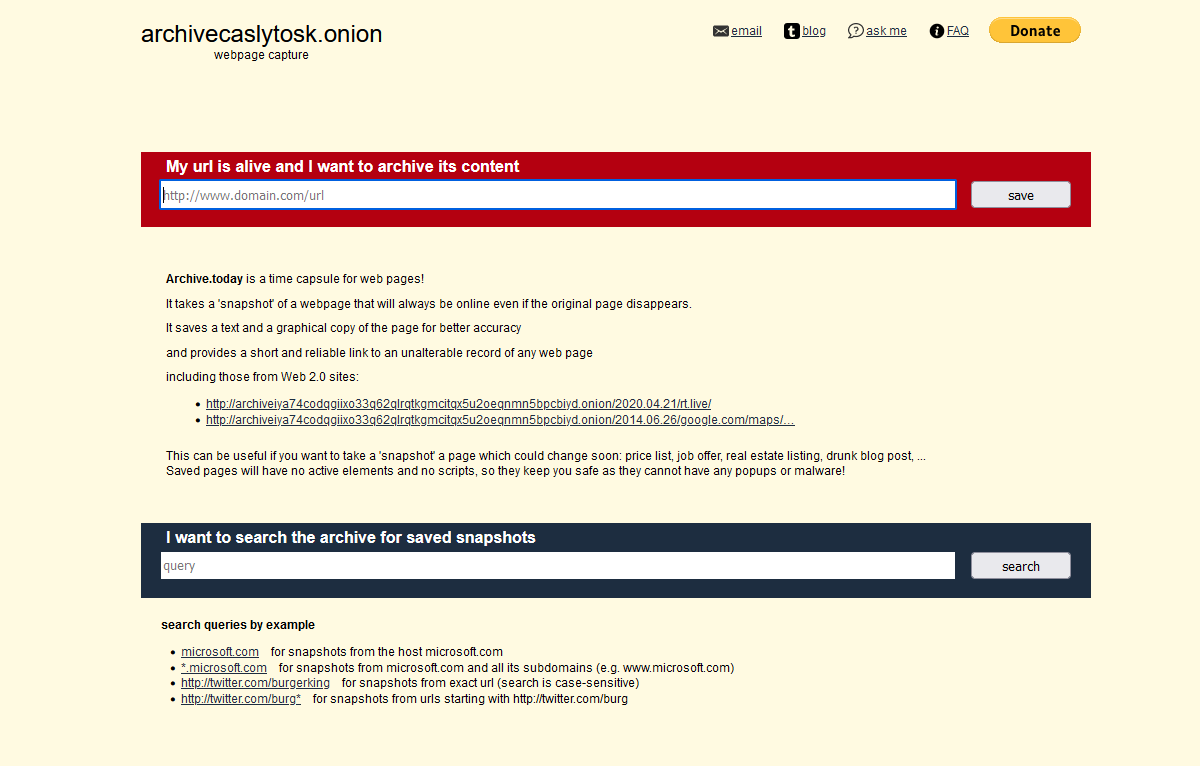 Screenshot van Archive Today op het dark web