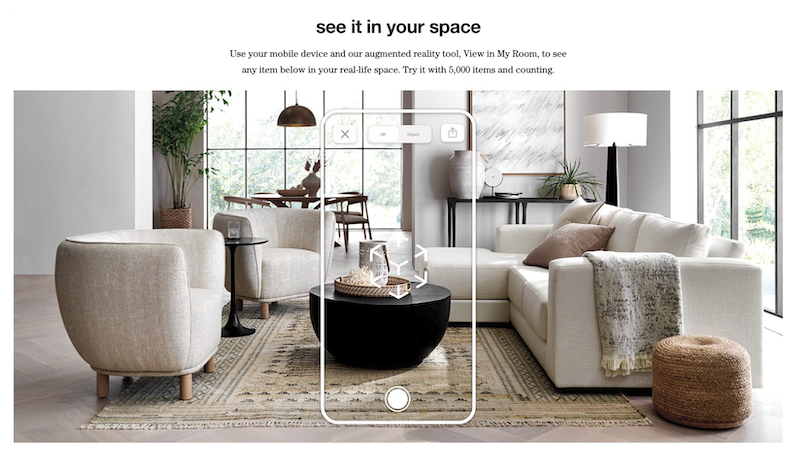 A gray couch and living room overlaid with instructions from Crate & Barrel on how to use their AR technology