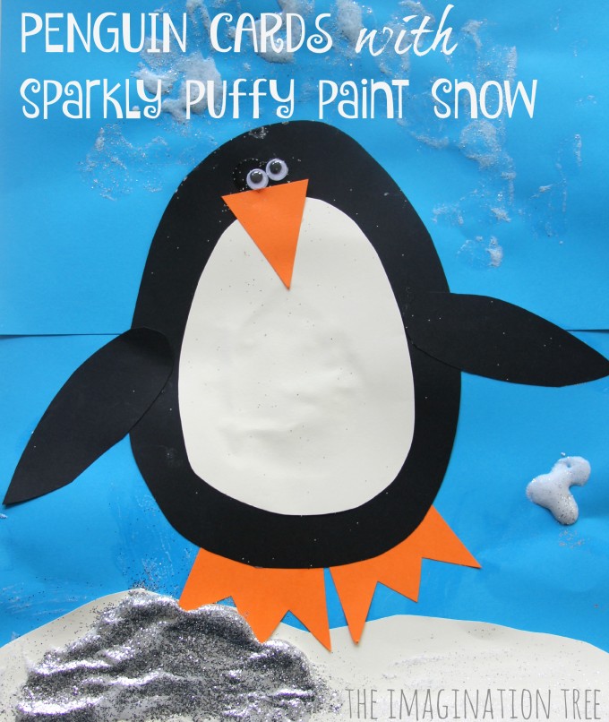Penguin cards with sparkly puffy paint snow- Christmas cards for kids to make