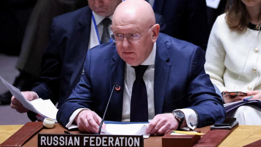 Russia's Representative to the United Nations Vassily Nebenzia addresses the Security Council on the day of a vote on a Gaza resolution that demands an immediate ceasefire for the month of Ramadan lea