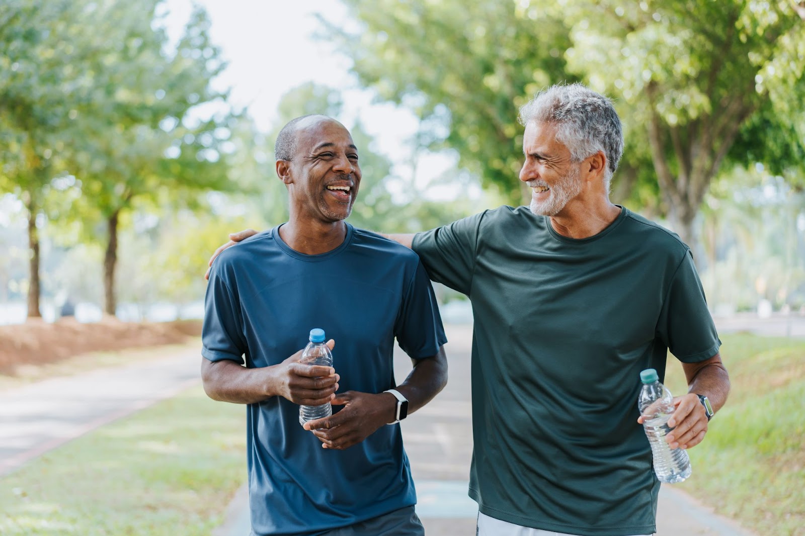 senior men running outside together