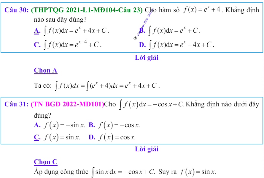 Công thức Nguyên hàm và bài tập từ đề thi có giải chi tiết