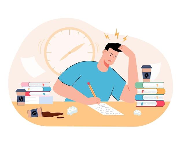 Stressed millennial guy studying before college exams. distressed student meeting deadline doing assignment preparing for test at home with books. flat illustration Free Vector