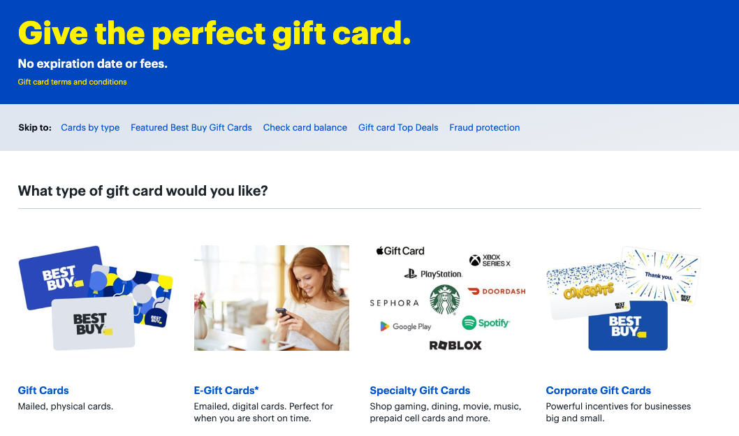 Different types of gift cards on Best Buy's website