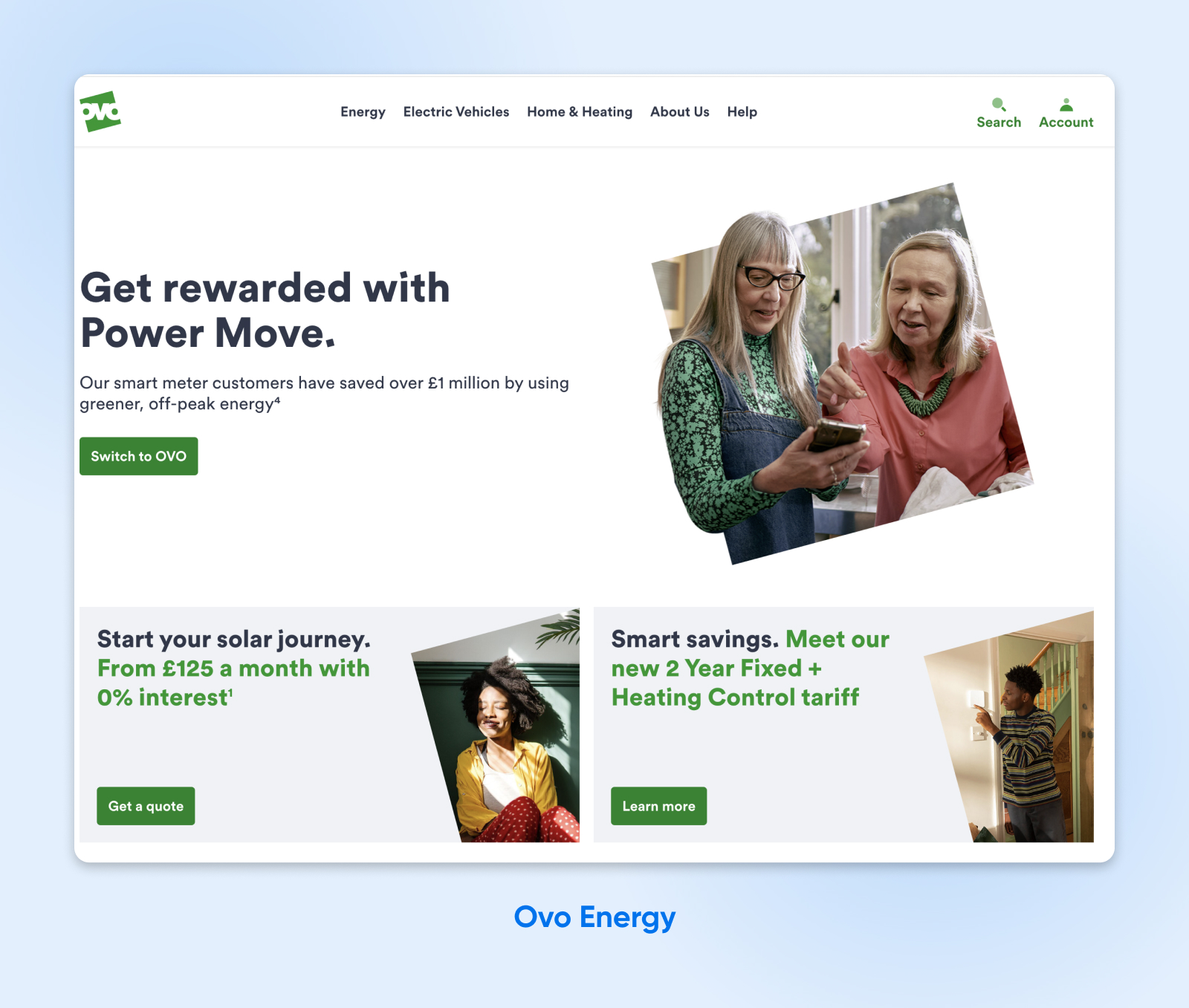 Captura de pantalla del sitio web de Ovo Energy con texto grande, mucho espacio negativo, fotografías en marcos y botones verdes claros.