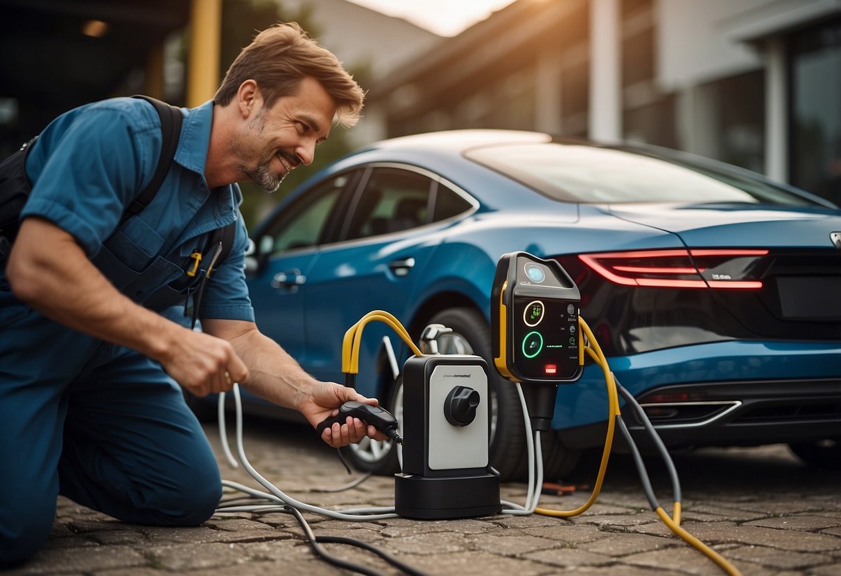 An electric vehicle charger being installed by a technician with tools and cables, surrounded by a FAQ document and a customer service representative