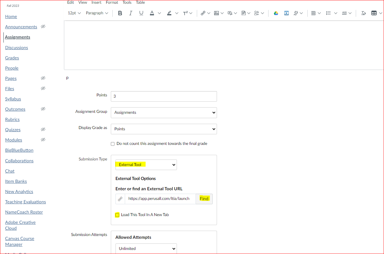Submission Type: Assignment page with External Tool, Find, and Load this Tool in a New Tab highlighted