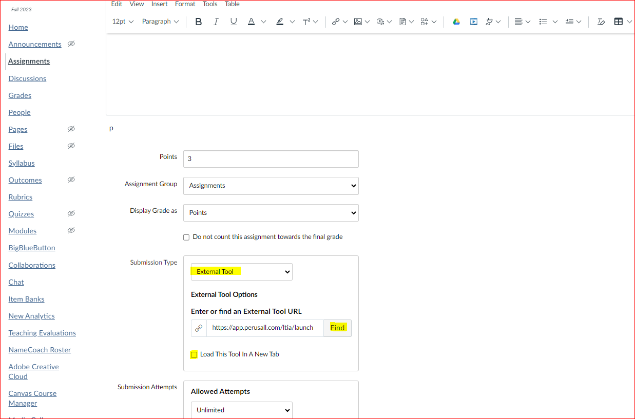 Submission Type: Assignment page with External Tool, Find, and Load this Tool  in a New Tab highlighted