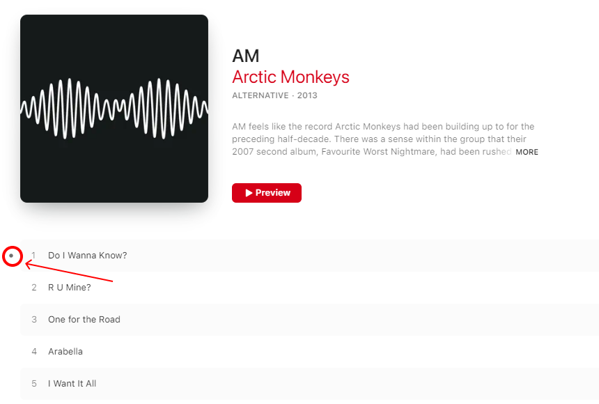 Apple Music screenshot of the AM by Arctic Monkeys album page with the star icon (that is redesigned to look like a dot) highlighted in red, and the red arrow points at it