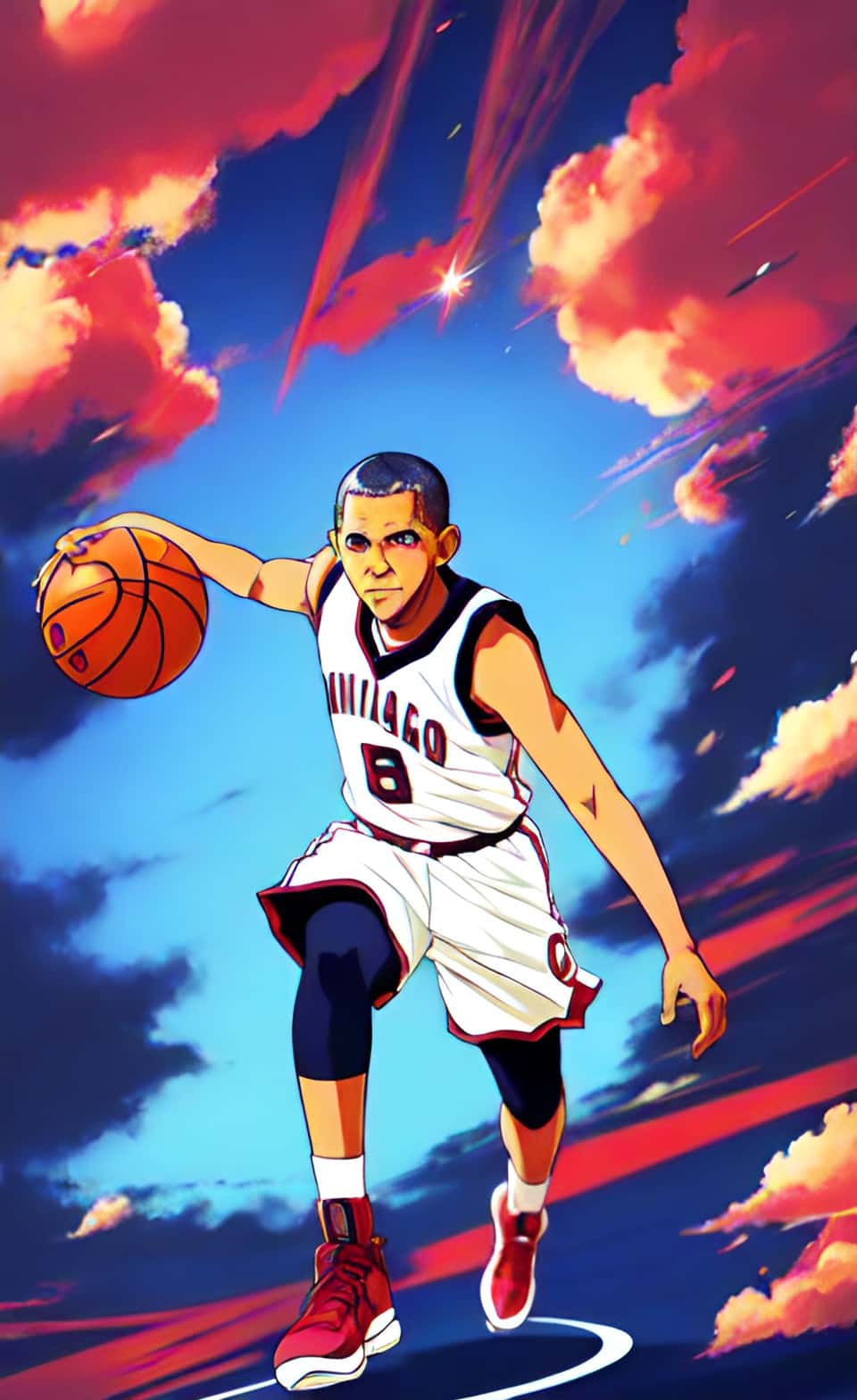 Barack Obama playing basketball in an anime style