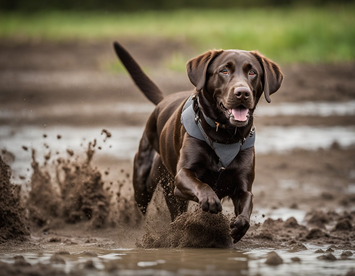 A chocolate Labrador retriever with collar happily playing in the mud