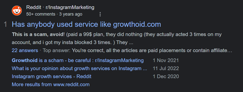 A Reddit search results page displaying threads discussing the legitimacy of a social media growth service.