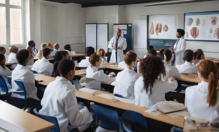 Article on: "Study Medicine and Dentistry in Europe: A Comprehensive Guide" main image depicting a class of eager students studying anatomy
