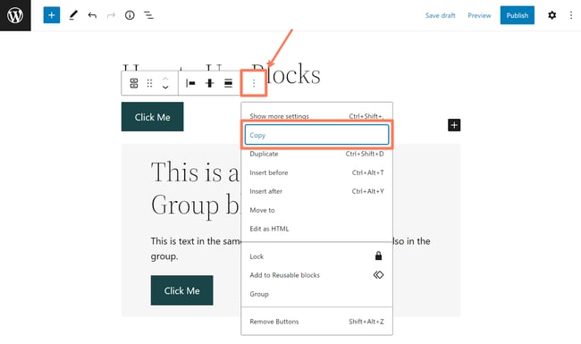 What are blocks in wordpress, Button block with dropdown menu with copy command selected