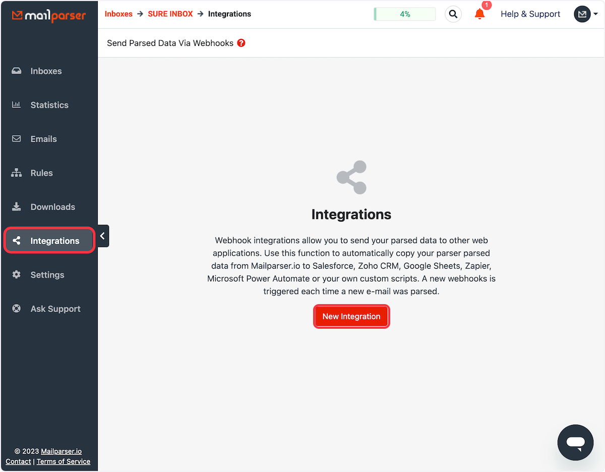 Now under the "Integrations" menu, click on "New Integration".