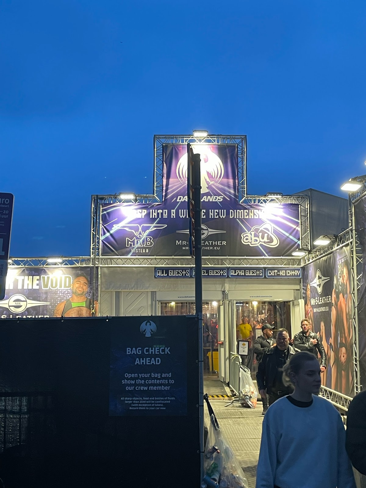 entrance to the venue of darklands 2024 with fetish and kink posters in Antwerp, Belgium
