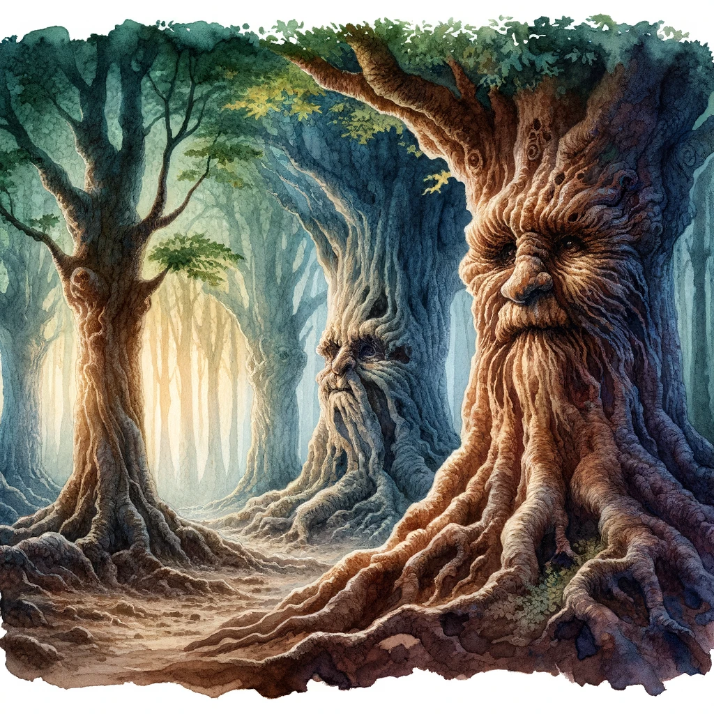 Watercolor painting of a dense and mystical forest at dawn. The trees are grand and majestic, with deep roots and thick canopies. Uniquely, the bark of some trees has naturally formed faces with wise expressions. As the wind rustles through the leaves, the trees seem to murmur and converse with travelers, sharing ancient tales and secrets.
