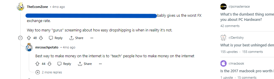 Reddit: getting opinions on starting a dropshipping podcast.