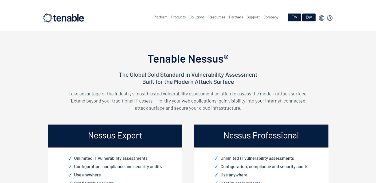A screenshot of Tenable Nessus' website