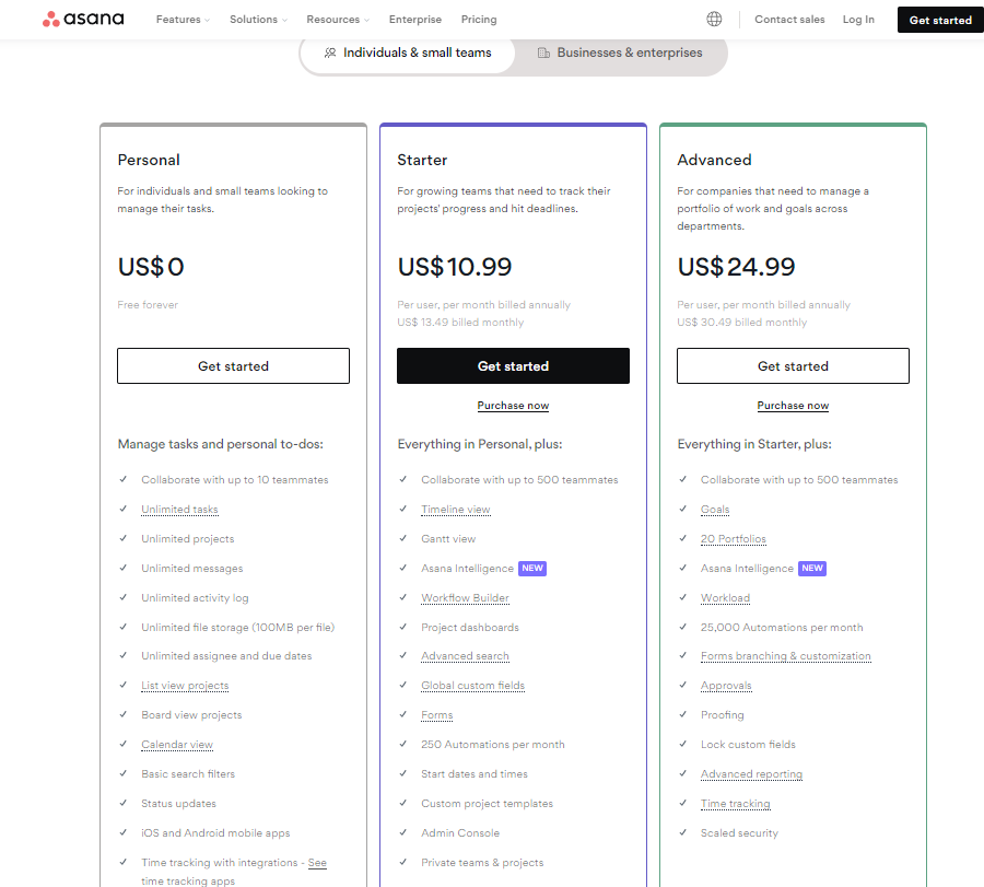 Pricing Plans for Asana