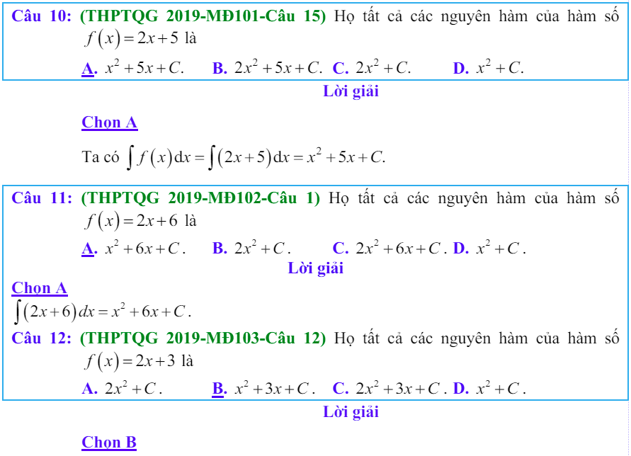 Công thức Nguyên hàm và bài tập từ đề thi có giải chi tiết