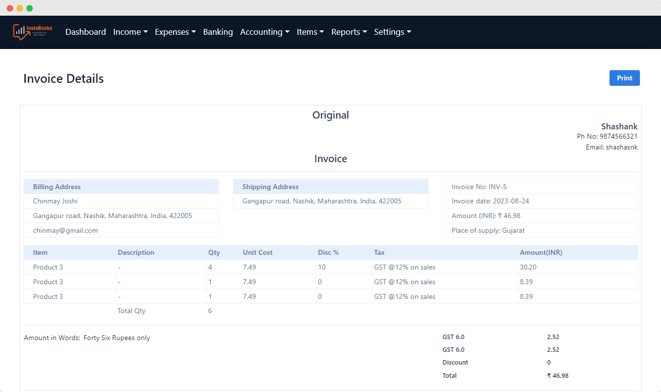 Instabooks case study - Invoice dashbaord