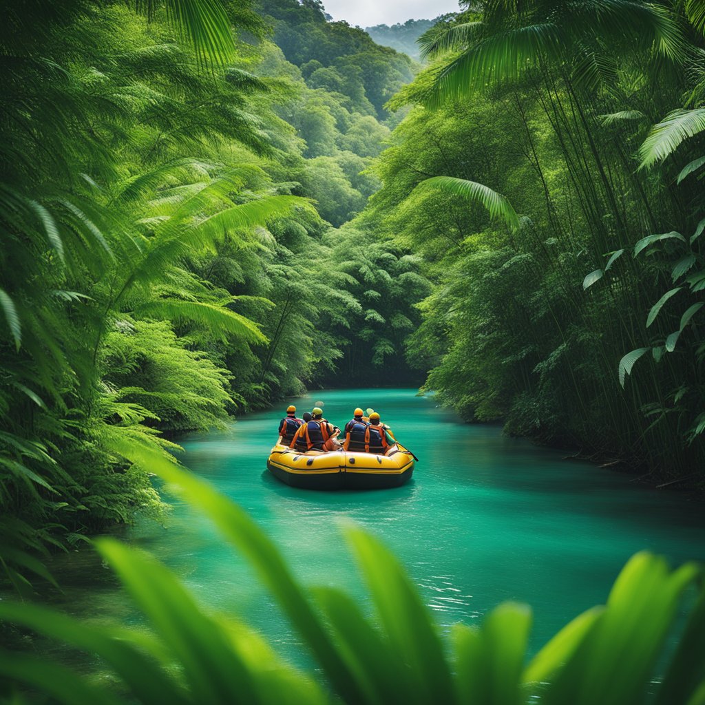 A group of rafts navigates through the crystal-clear waters of the Ocho Rios river in Jamaica, surrounded by lush green bamboo forests