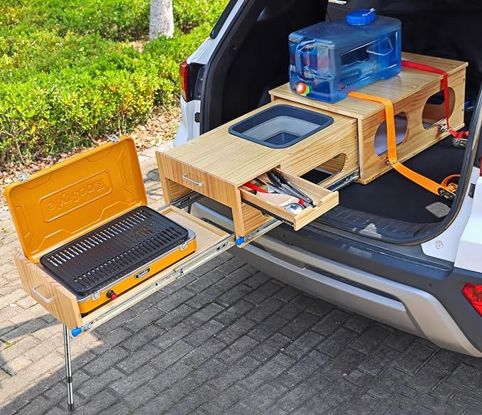 SHIWAGIN Wooden Overland Camping Slide-Out Kitchen with Drawer, for SUV/Trunk/Cargo/Storage Space, for 2 Burners Stove, Folding Design.