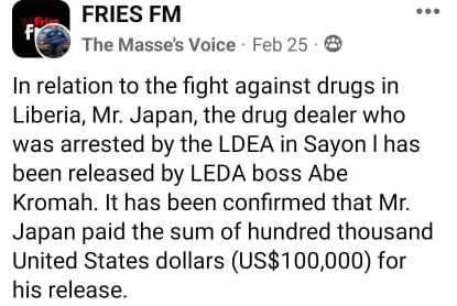 FALSE! Liberian drug kingpin Original Japan still in custody