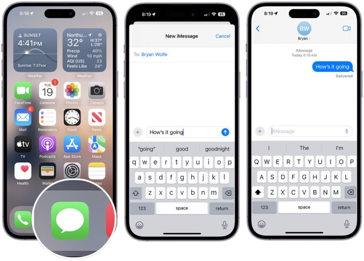 Ảnh chụp màn hình hướng dẫn cách gửi tin nhắn trong iMessage trên iPhone.