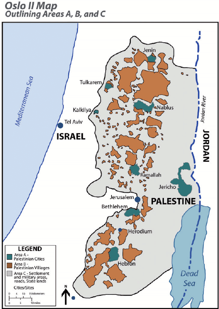 Карта, що показує поділ палестинських територій згідно з угодою Осло II.